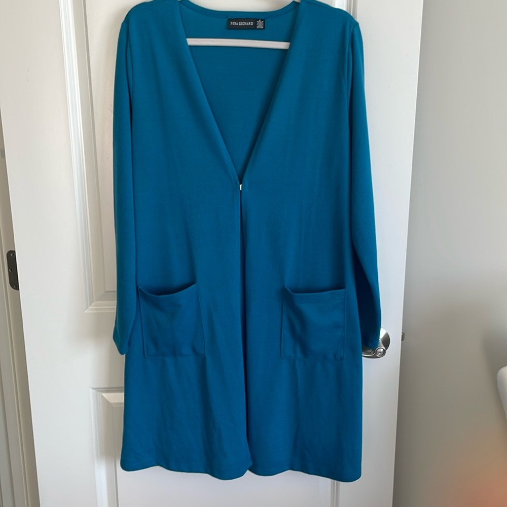 Nina Leonard Blue Long Sleeve open front pocket Cardigan